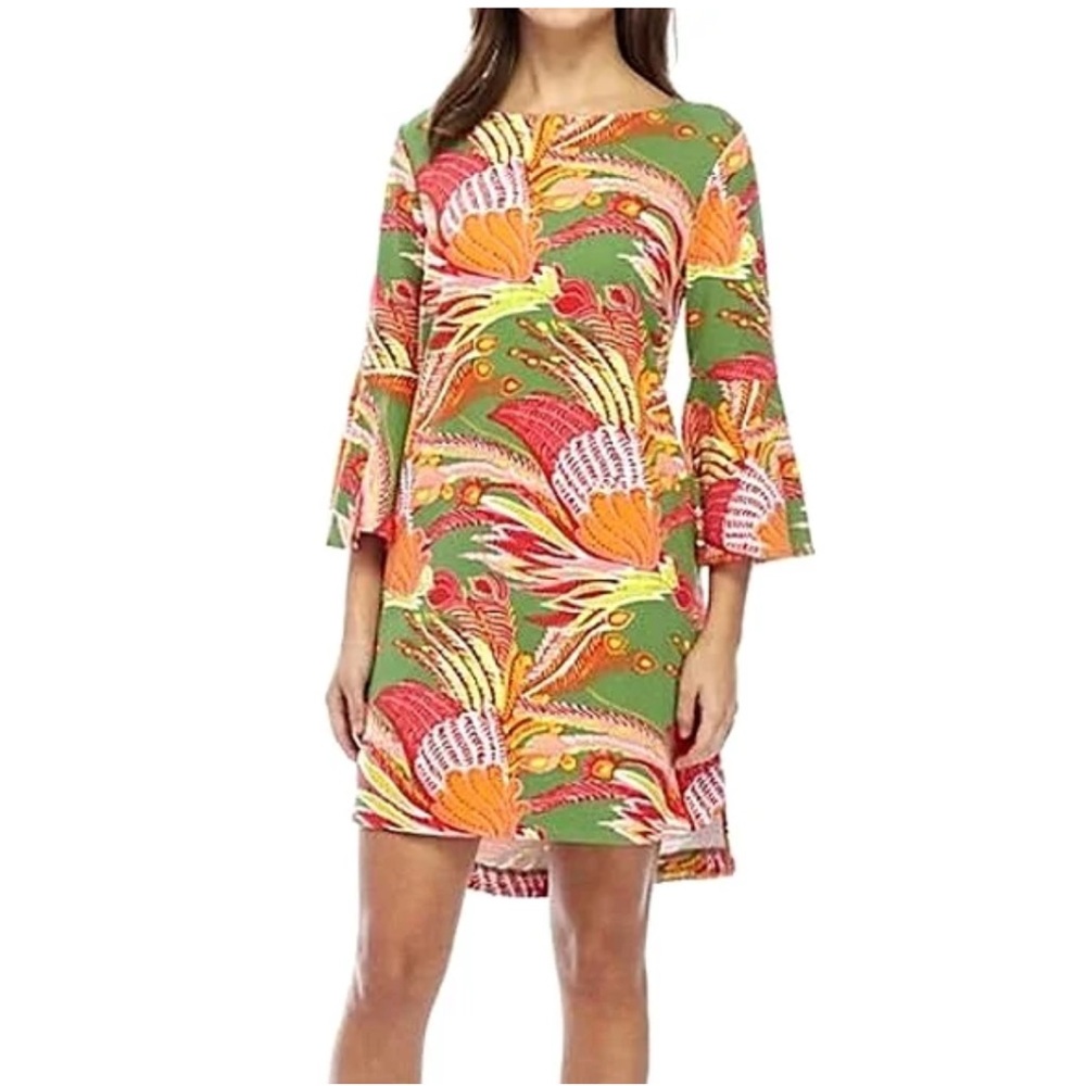 CROWN & IVY Frida's Garden Bell Sleeve Peacock Feather Short Dress Medium
